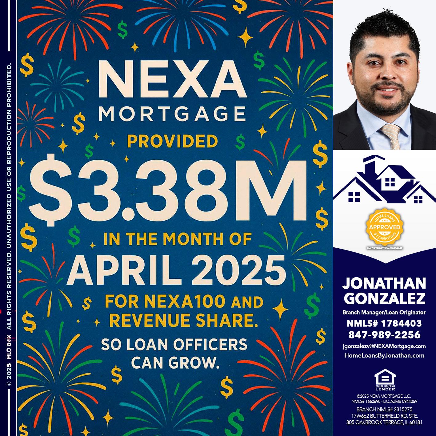 $3.38M - Jonathan Gonzalez -Branch Manager/Loan Originator